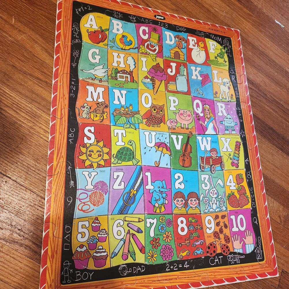 Vintage Jaymar ABC 123 Puzzle by Mary Warren | 22x17 Chalkboard Style USA